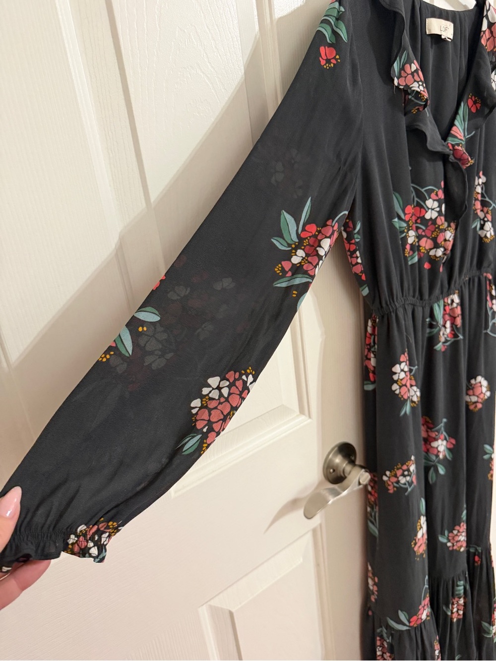 LOFT Petite SP Black Floral Ruffle Maxi Dress Long Sleeve Romantic Boho - Picture 3 of 11